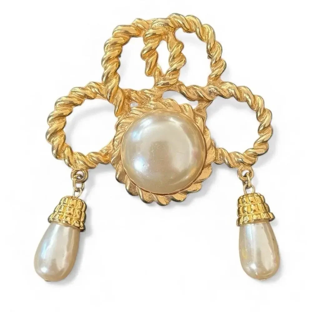 PARK LANE Vintage Brooch Pin Gold Tone Signed Faux Pearl Drop Dangle Rope Design